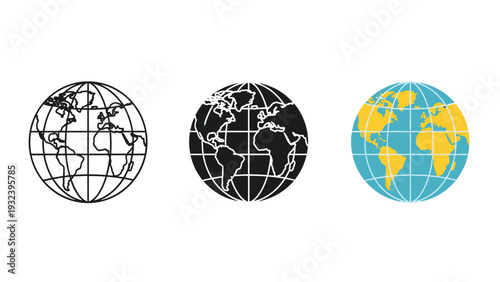 Three globe icons in different colors and styles Vector