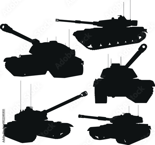 Black silhouettes of heavy military tanks with cannons and turrets isolated on white background for army, defense, war, and combat designBlack silhouettes of heavy military tanks