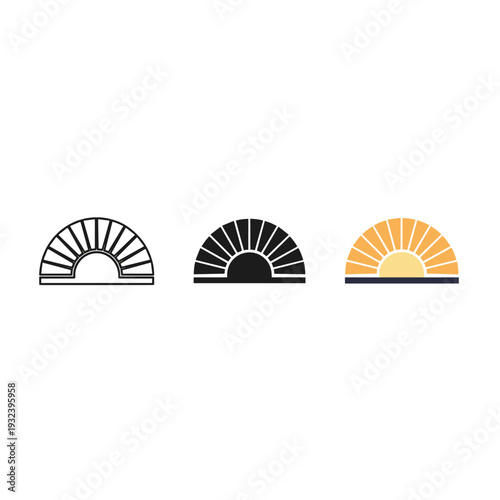 Three stylized sunburst icons in different colors and styles. Vector