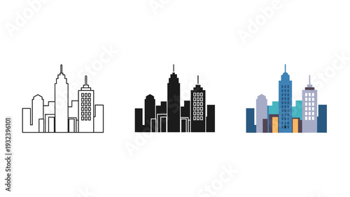 Three city skylines in different styles and colors Vector