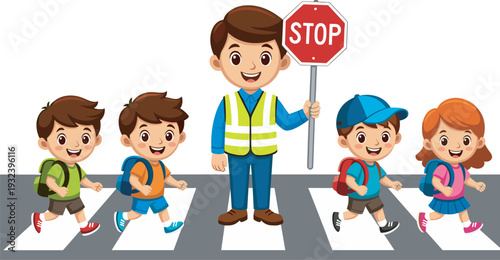 School Crossing Guard Helping Children Cross Street Vector Illustration, Road Safety Cartoon Scene