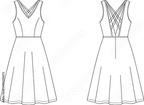Women's sleeveless strappy back dress technical flat sketch, front and back view apparel CAD vector illustration template
