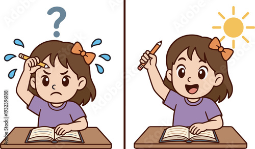 Student girl solving problem with idea moment, before and after learning concept cartoon vector illustration