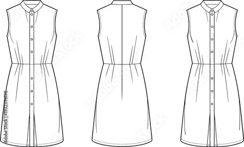 Women's sleeveless shirt dress technical flat sketch, front and back view apparel CAD vector illustration template design