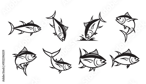 Tuna Fish Vector Icons SetSwimming and Jumping Aquatic Marine Life