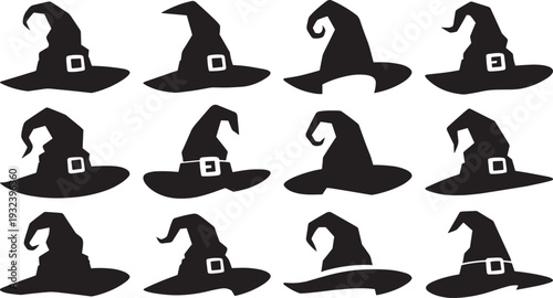 Witch Hat Silhouette Vector Set, Halloween Magic Costume Black Icon Collection Illustration