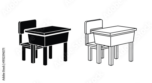 School desk illustration in black and white showing filled and outline versions