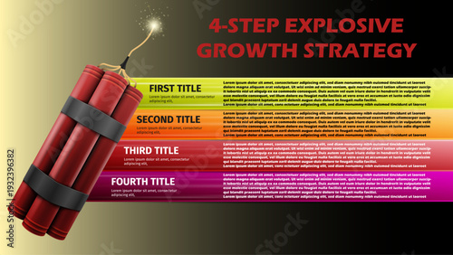 4-Step Explosive Growth Strategy. Vector Illustration of a Dynamite Bundle with Lit Fuse for Disruptive Business Initiatives and Urgent Milestones
