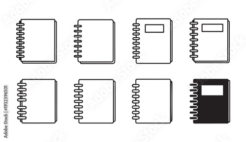 Spiral Notebook Icons Set: Open and Closed Covers Plain and Labeled Pages Vector Illustration