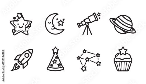 Space and Celestial Icons: Rocket Moon Stars Planet Telescope Cupcake Party Hat