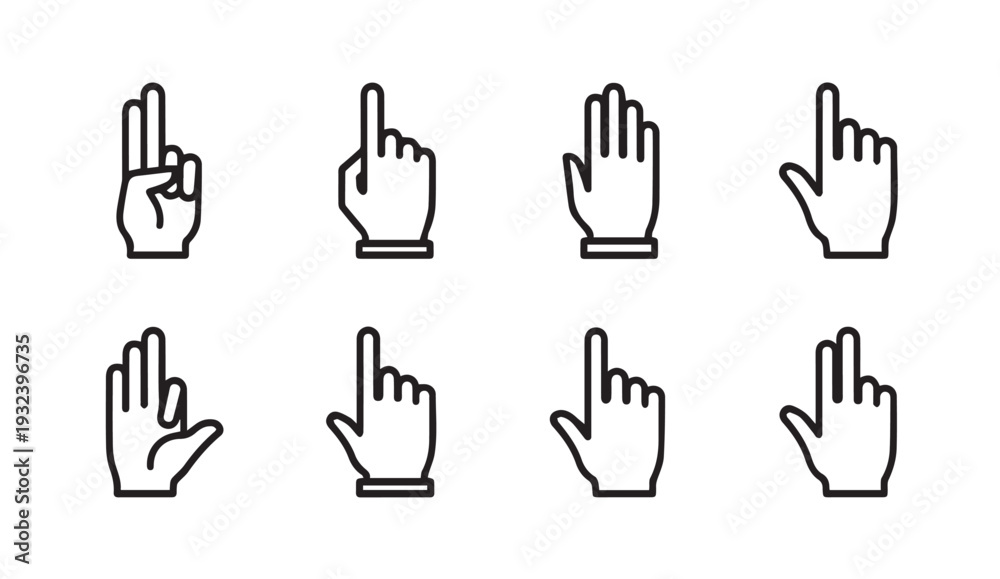 Obraz premium Set of eight hand cursor icons showing different gestures and pointing actions vector graphics