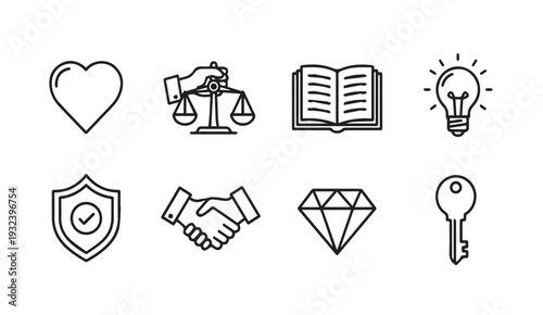 Set of 8 Business Concept Icons: Heart Scales Book Lightbulb Shield Handshake Diamond Key