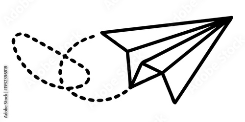 Paper Airplane Line Art Vector Icon – Outline Origami Plane with Dotted Flight Path