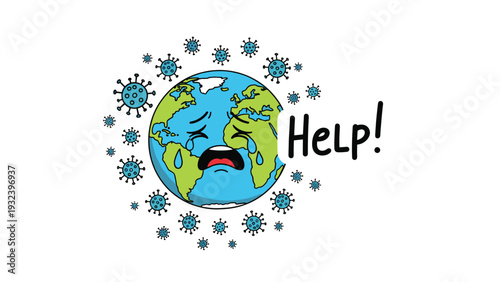 Emotional cartoon illustration of a crying earth planet pleading for help while surrounded by floating coronavirus cells.