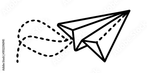 Paper Airplane Line Art with Dashed Flight Path Illustration