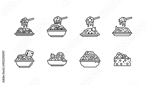 Pasta Dishes Icons Vector Line Art Italian Food Various Toppings & Ingredients