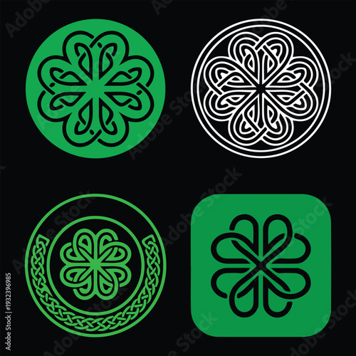 Celtic knot clover vector icons set. Four leaf shamrock and quatrefoil symbols for St. Patrick's Day.
