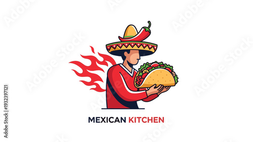 Mexican man wearing a traditional sombrero and red shirt holds a giant delicious taco in front of stylized orange flames.