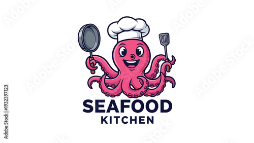 Cheerful pink octopus wearing a professional chef hat holds a frying pan and spatula for a seafood restaurant identity.