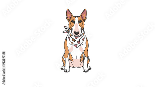 Alert bull terrier dog wearing a decorative bandana with a cute pattern sits attentively on a plain white background.