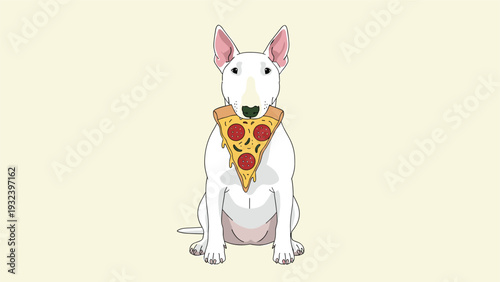 White bull terrier dog holds a large slice of pepperoni pizza in its mouth while sitting against a soft yellow background.