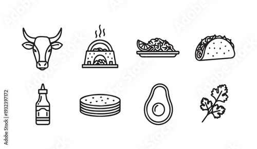 Mexican Taco Ingredients and Preparation Icons Vector Set