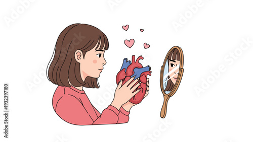 Young girl holding an anatomical human heart while looking at her reflection in a hand mirror surrounded by tiny hearts.