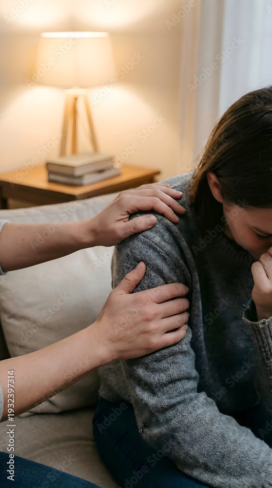 Fototapeta premium Comfort Given to a Friend Experiencing Distress with a Gentle Touch on the Shoulder in a Warm Home Setting