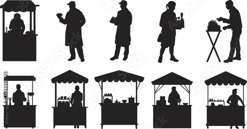 Black silhouettes of various street food vendors, market stalls, and people shopping isolated on white background for local business design