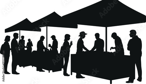 Black silhouettes of various street market food stalls, vendors, and people shopping at an outdoor festival isolated on white background