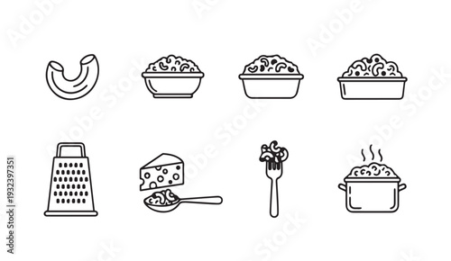 Macaroni Cheese Icons: Pasta Grater Cheese Spoon Fork Pot Vector Set