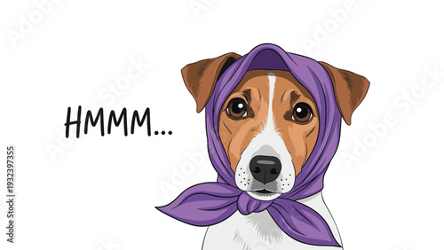 Puzzled jack russell terrier dog wearing a purple headscarf looks directly at the camera with a thinking text message.