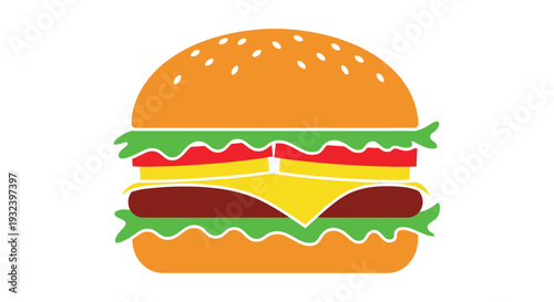 A colorful illustration of a classic cheeseburger with lettuce and toppings