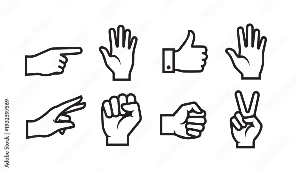 Fototapeta premium Human Hand Gestures Icons Collection: Pointing Open Palm Thumbs Up Fist Peace Sign