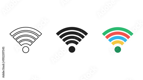 Three wifi signal strength icons in different colors and styles Vector