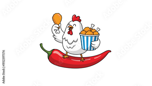 Cartoon chicken character is surfing on a large red chili pepper while holding a bucket and a piece of crispy fried chicken.