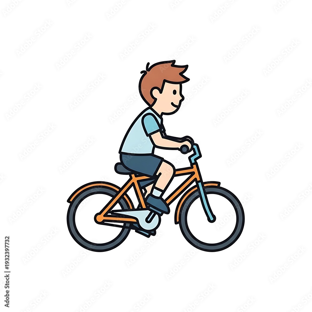 Naklejka premium Young boy riding a bicycle on a path viewed from the side