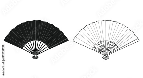 Two folding fans one dark and one light displayed side by side