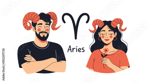 Man and woman representing the aries zodiac sign are depicted with large ram horns and the astrological symbol between them.