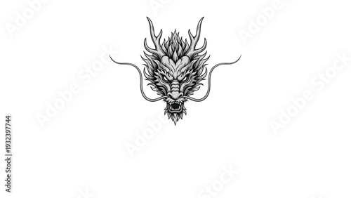 Intricate black and white illustration of a powerful chinese dragon head with sharp horns and detailed scales on a white background.
