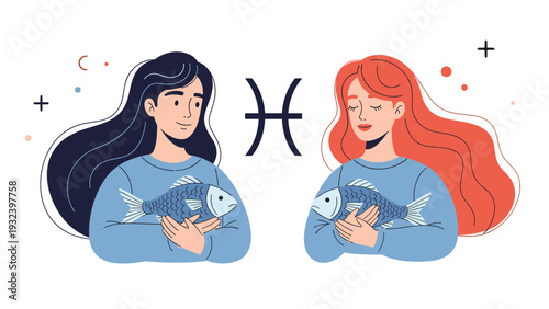 Two women representing the pisces zodiac sign are shown holding large blue fish with the astrological symbol positioned in the center.
