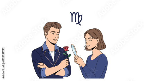 Elegant man and woman representing the virgo zodiac sign are shown with a mirror and a rose under the astrological symbol.