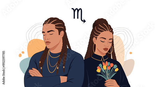 Man and woman with long braids representing the scorpio zodiac sign are shown with flowers and the astrological symbol above them.