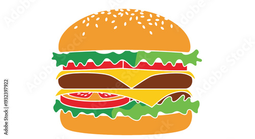 Colorful illustration of a classic cheeseburger with sesame seed bun