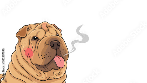 Wrinkled shar pei dog with its tongue sticking out is shown with a wisp of steam rising from its nose in this colorful illustration.