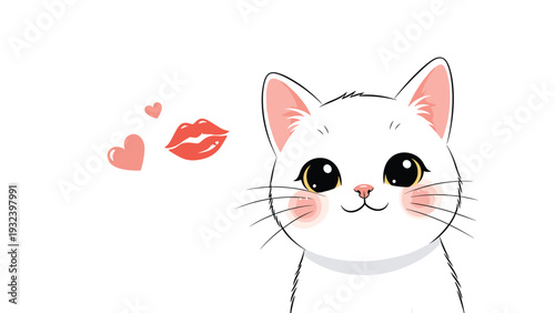 Beautiful white cat with large eyes and pink cheeks is surrounded by hearts and a pair of red lips representing love and affection.
