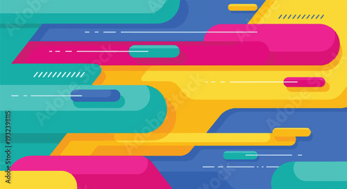 A vibrant abstract design composed of overlapping, rounded geometric shapes