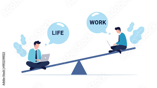 Two men using laptops are sitting on opposite ends of a seesaw with speech bubbles saying life and work for work-life balance.