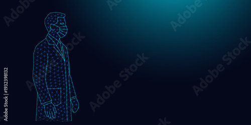 Low poly wireframe doctor on dark blue background.
