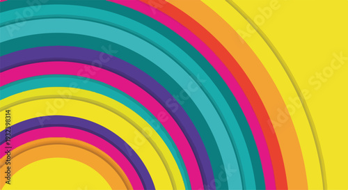 A vibrant abstract design featuring layered arcs of various colors